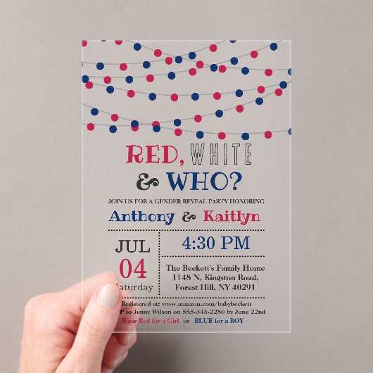 Rot, Weiß und Wer? 4. Juli Party über geschlechtss Acryleinladungen (Insitu (Handheld))