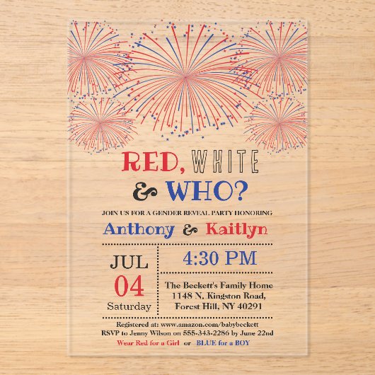 Rot, Weiß und Wer? 4. Juli Party über geschlechtss Acryleinladungen (Vorderseite)