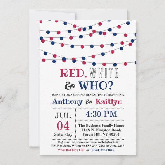 Rot, Weiß und Wer? 4. Juli Party über geschlechtss Einladung (Vorderseite)