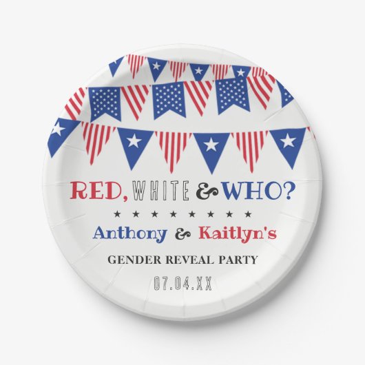 Rot, Weiß und Wer? 4. Juli Party über geschlechtss Pappteller (Vorderseite)