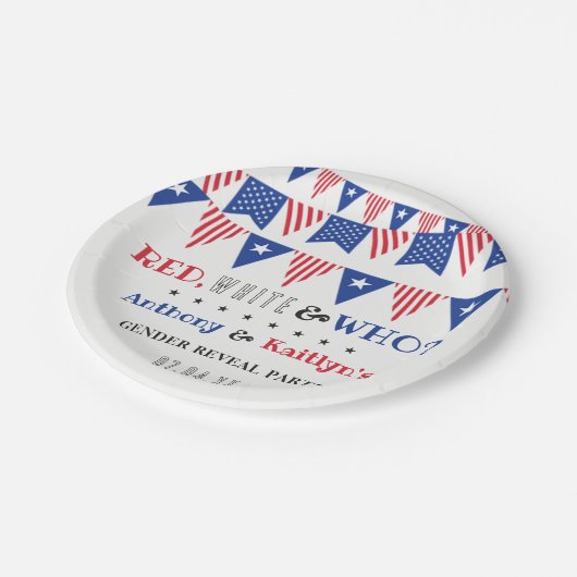 Rot, Weiß und Wer? 4. Juli Party über geschlechtss Pappteller (Schrägansicht)