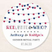 Rot, Weiß und Wer? 4. Juli Party über geschlechtss Runder Pappuntersetzer (Vorderseite)