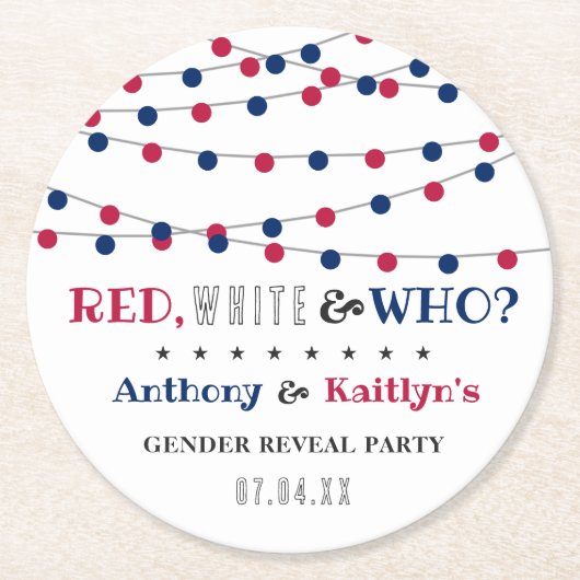 Rot, Weiß und Wer? 4. Juli Party über geschlechtss Runder Pappuntersetzer (Vorderseite)