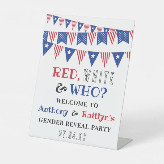 Rot, Weiß und Wer? 4. Juli Party über geschlechtss Sockelschild (Vorderseite)