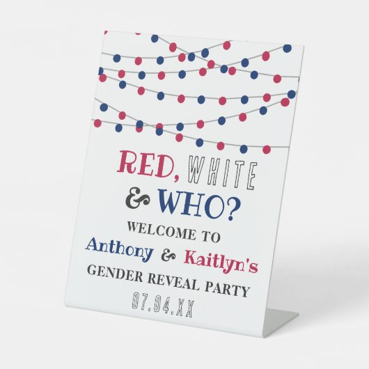 Rot, Weiß und Wer? 4. Juli Party über geschlechtss Sockelschild (Vorderseite)