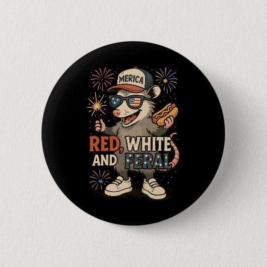 Rot Weiß Und Wilde Feuerwerk Opossum 4. Juli Button (Vorderseite)