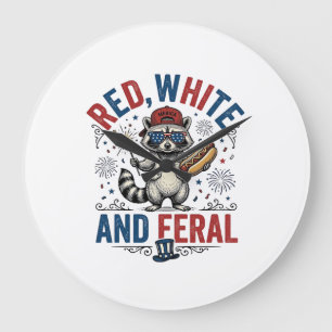 Rot Weiß und Wildes Patriotisches Waschbär-Shirt_1 Große Wanduhr