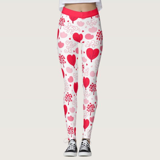 Rot-Weiß-Valentiner Baumstruktur Herz-Muster Leggings (Vorderseite)