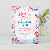 Rot, Weiß, VIER Spaß, vierter Geburtstag Einladung (Stehend Vorderseite)