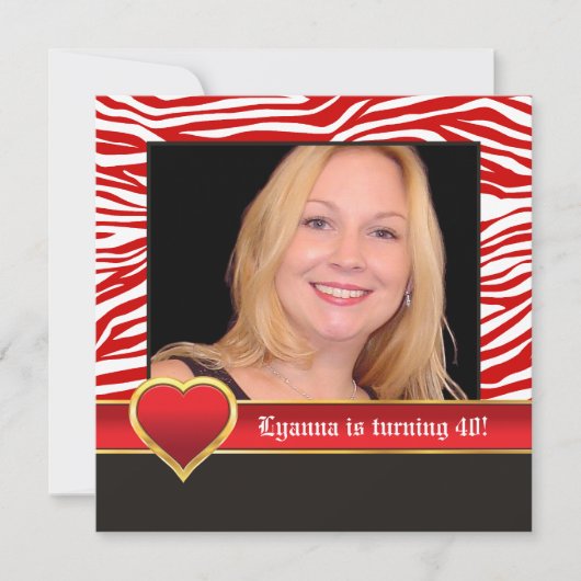 Rot, weiß zebra & herz 40. Geburtstag Foto Einladung (Vorderseite)