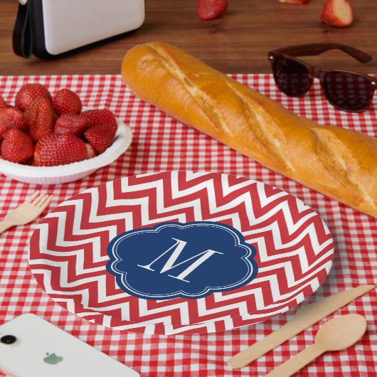 Rot-Weiß-Zickzack Monogramm Pappteller (Picknick)