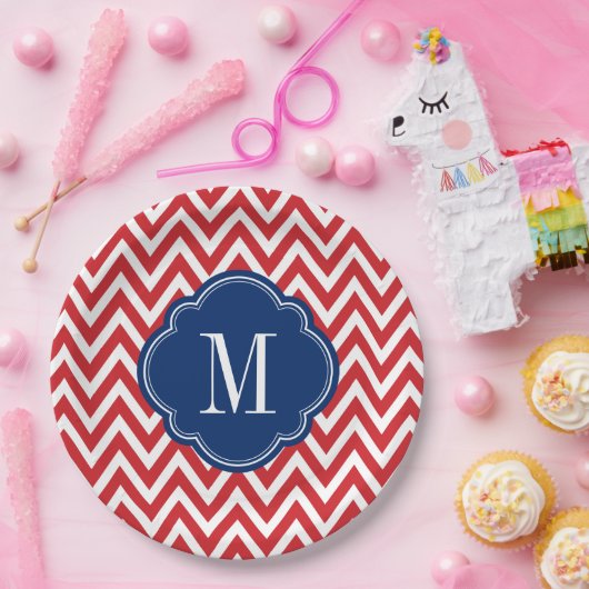 Rot-Weiß-Zickzack Monogramm Pappteller (Party)