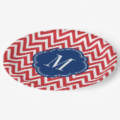 Rot-Weiß-Zickzack Monogramm Pappteller (Schrägansicht)