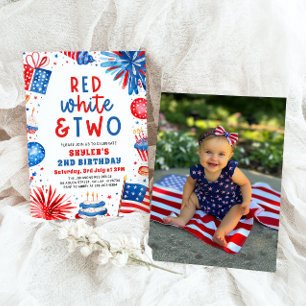Rot, Weiß & Zwei 4. Juli 2. Foto Geburtstagsparty Einladung