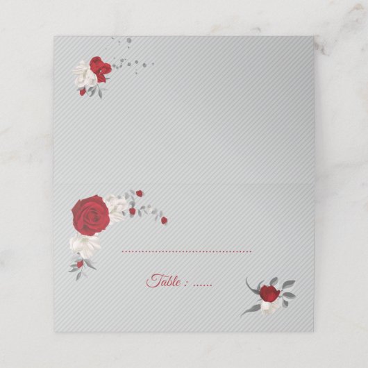 Rot-weiße Blume, silberne Blätter, grau Platzkarte (Außenseite Aufgefaltet)