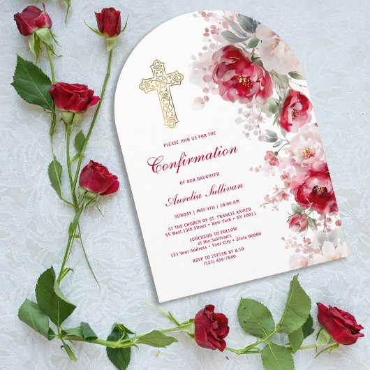Rot-Weiße Blumenbogen-Konfirmation Einladung