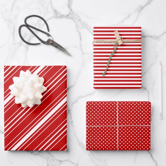 Rot-weiße Diagonal Streifen & Dots Weihnachten Geschenkpapier Set (Vorderseite)