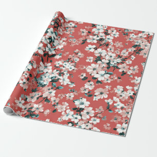 Rot Weiße Ditsy-Blumen Pastell Boho 70er Vintage Geschenkpapier