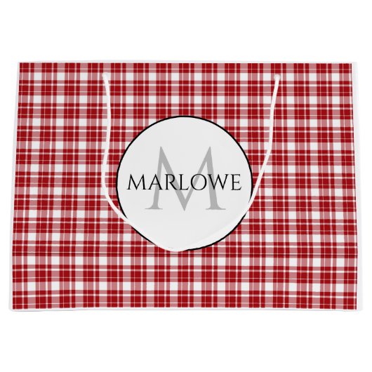 Rot-weiße Karo Kariert Monogramm Große Geschenktüte (Vorderseite)