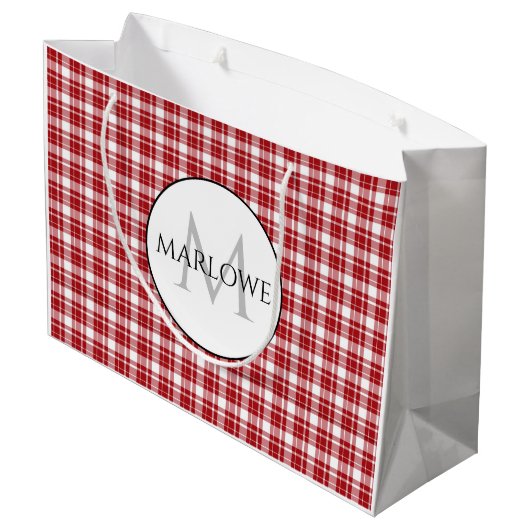 Rot-weiße Karo Kariert Monogramm Große Geschenktüte (Rückseite Schrägansicht)
