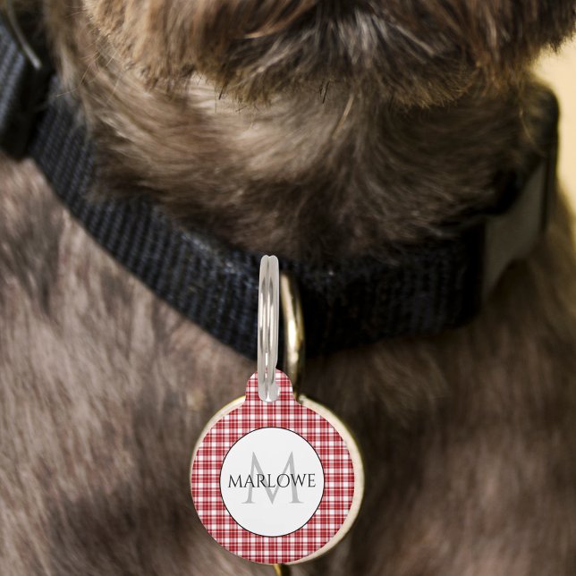 Rot-weiße Karo Kariert Monogramm Haustiermarke (Red White Checks Plaid Monogram Pet ID Tag)