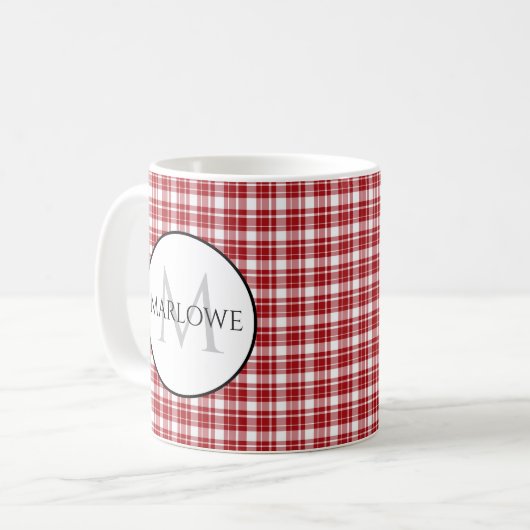 Rot-weiße Karo Kariert Monogramm Kaffeetasse (Vorderseite Links)
