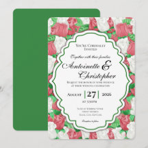 Rot-Weiße Rosen-Hochzeitseinladung - Grüne Umrandu