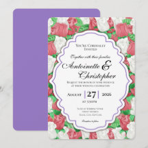 Rot-Weiße Rosen-Hochzeitseinladung - Lila Rand