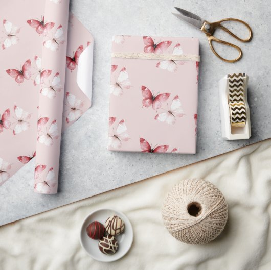 Rot Weiße Schmetterlinge Geburtstag Geschenkpapier (Kunsthandwerk)
