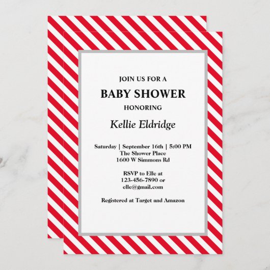 Rot-weiße Streifen Kinderdusche Einladung (Vorne/Hinten)