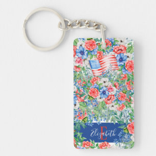 Rot Weiße und Blaue Blumen Monogramm 4. Juli Schlüsselanhänger