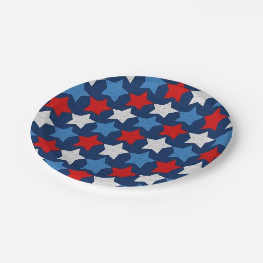 Rot-weiße und blaue Sterne Pappteller (Schrägansicht)