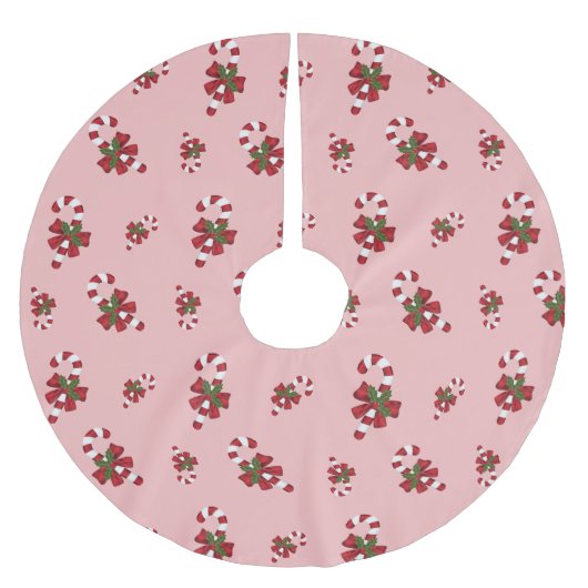 Rot-weiße Weihnachtscreme-Muster auf rosa Polyester Weihnachtsbaumdecke (Vorderseite)