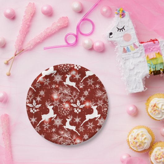Rot-weiße Weihnachtsmuster mit Rentieren Pappteller (Party)