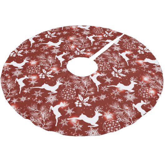 Rot-weiße Weihnachtsmuster mit Rentieren Polyester Weihnachtsbaumdecke (Schrägansicht)