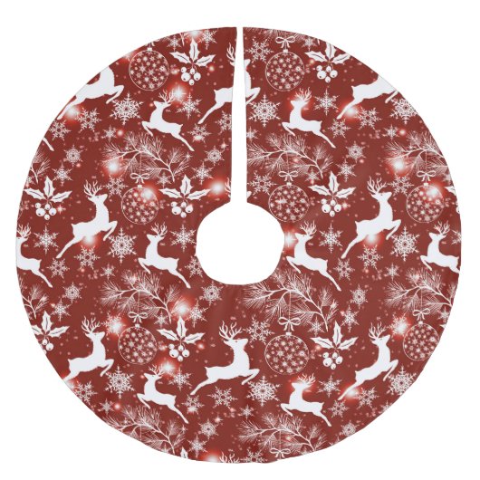 Rot-weiße Weihnachtsmuster mit Rentieren Polyester Weihnachtsbaumdecke (Vorderseite)