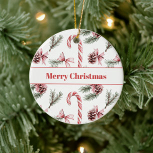 Rot Weiße Zuckerstangen Tannenzapfen Weihnachten Keramik Ornament