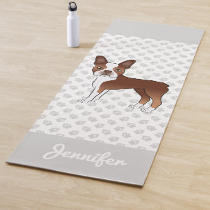 Rot-Weißer Boston-Terrier-Cartoon-Hund & Name Yogamatte