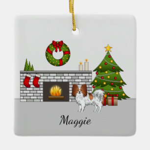 Rot-weißer Papillon in einem Weihnachtszimmer Keramikornament