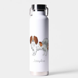 Rot-weißer Phalène-Hund mit personalisiertem Namen Trinkflasche