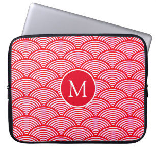 Rot-Weißes Muschel-Muster-Monogramm Laptopschutzhülle