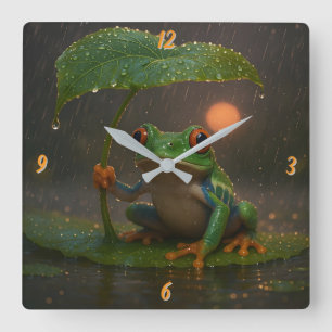 Rotaugiger Laubfrosch-Blattregenschirm im Regen Quadratische Wanduhr