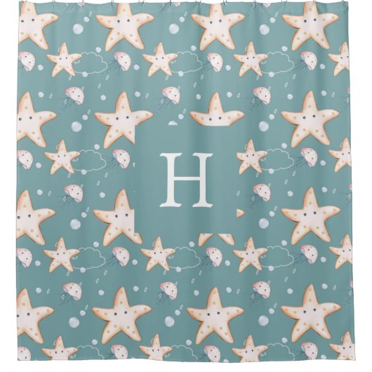 Rotbarsch-Qualle, grün, dunkel, Cyan-Monogramm Duschvorhang (Vorderseite)