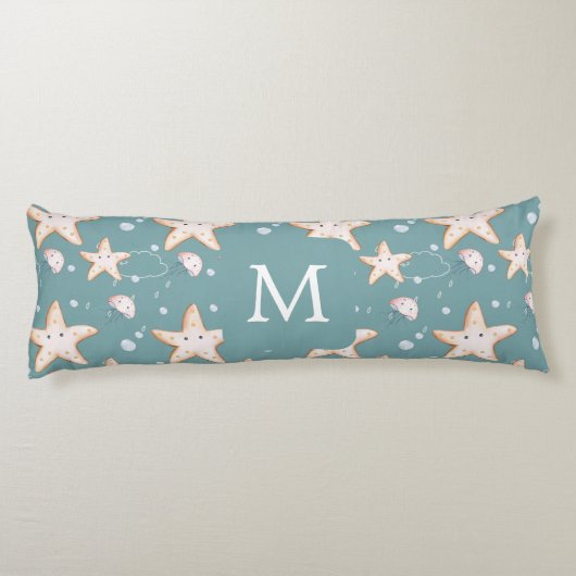 Rotbarsch-Qualle, grün, dunkel, Cyan-Monogramm Seitenschläferkissen (Rückseite)