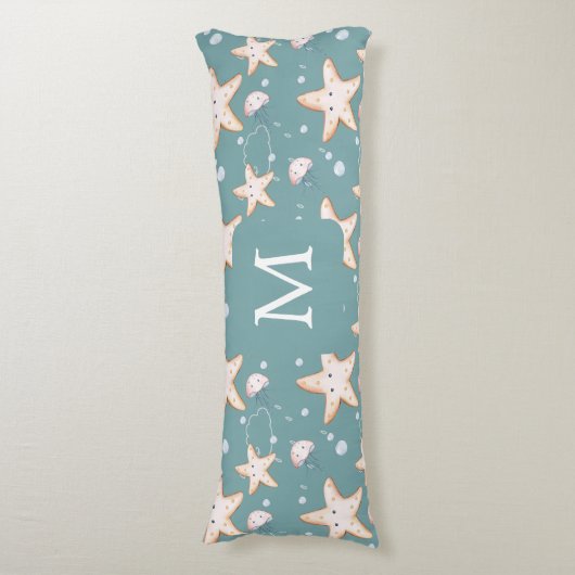 Rotbarsch-Qualle, grün, dunkel, Cyan-Monogramm Seitenschläferkissen (Vorderseite Vertikal)