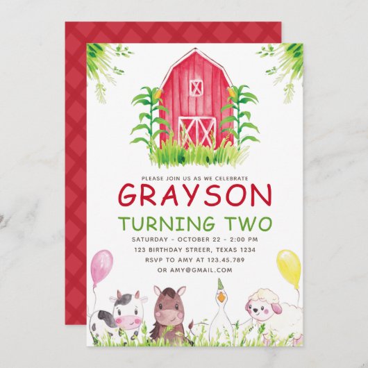 Rotbäuerliche Haustiere Aquarellfarben Geburtstag Einladung (Vorne/Hinten)