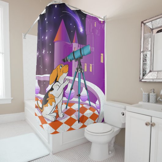 Rotbeige Welpe und Teleskop Duschvorhang (Beispiel)