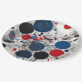 Rotblaue und graue Kreise und farbige Tropfen Pappteller (Schrägansicht)