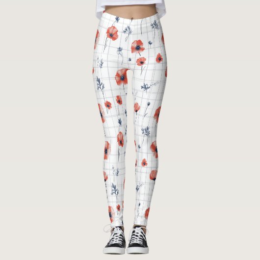 Rotblütenmuster auf weißem Grund Leggings (Vorderseite)