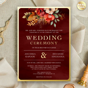 Rotbraune Blumen-Foto-Indische Hochzeit Gold Folieneinladung